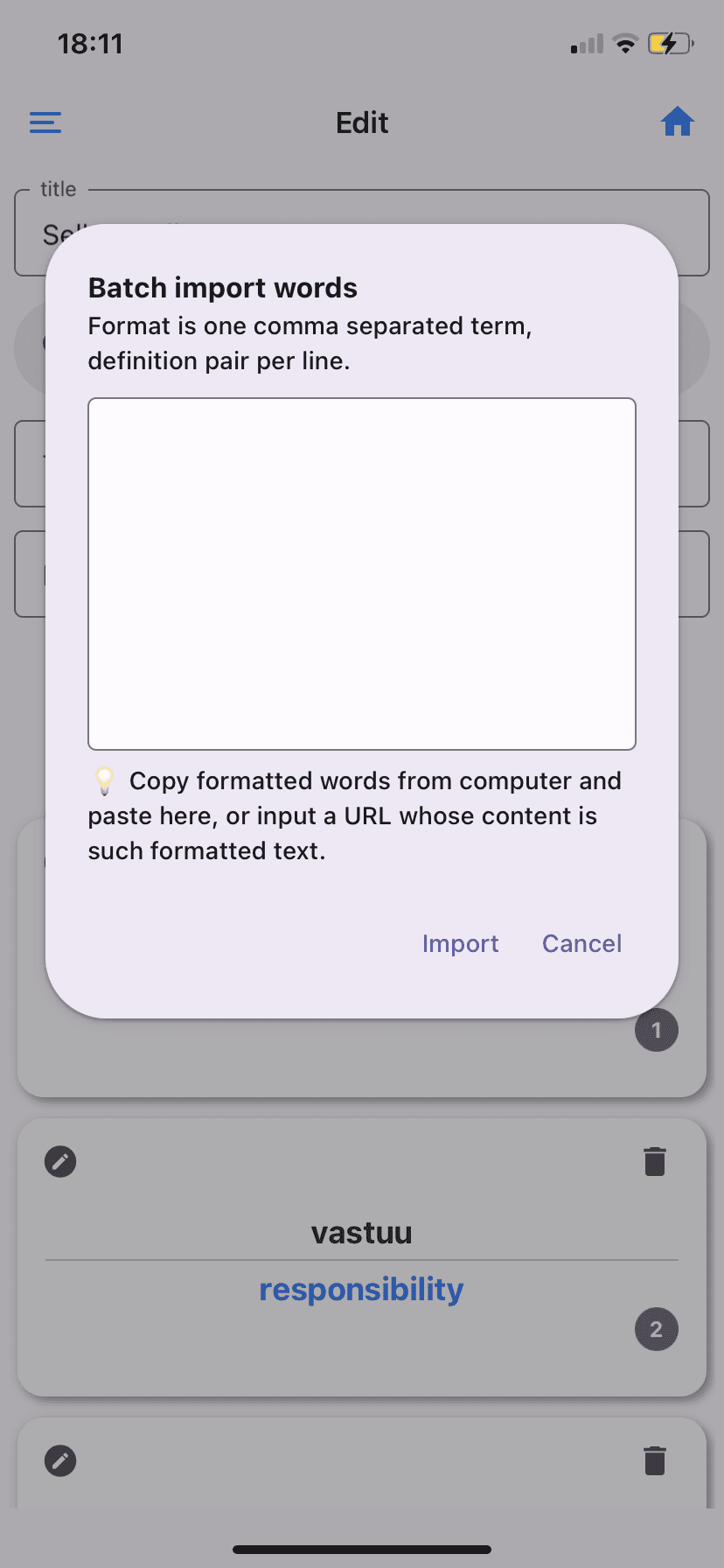 wordslet app import screen